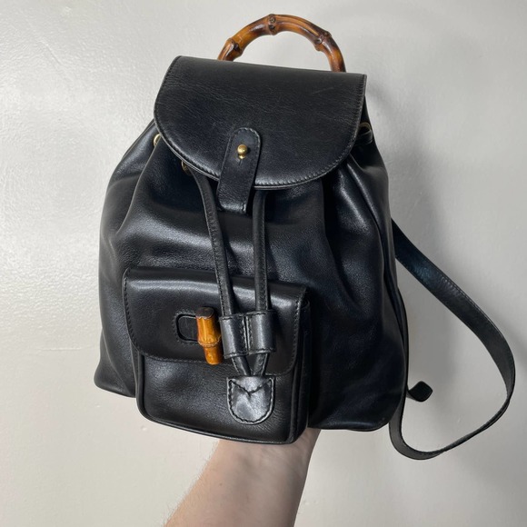 Gucci Handbags - Vintage Gucci Small Bamboo Handle Leather Backpack Black Authentic Drawstring